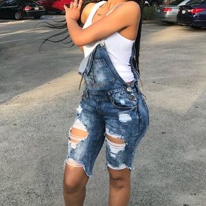 Denim distressed overalls